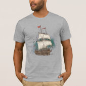 Handgetekend schip in bow Wave on Splash Backgroun T-shirt (Voorkant)