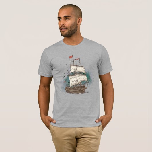 Handgetekend schip in bow Wave on Splash Backgroun T-shirt (Voorkant volledig)