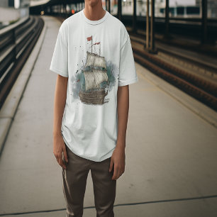 Handgetekend schip in bow Wave on Splash Backgroun T-shirt