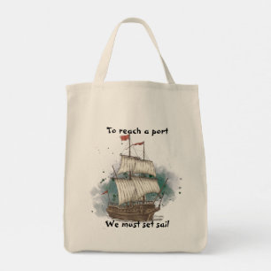 Handgetekend schip in bow Wave on Splash Backgroun Tote Bag