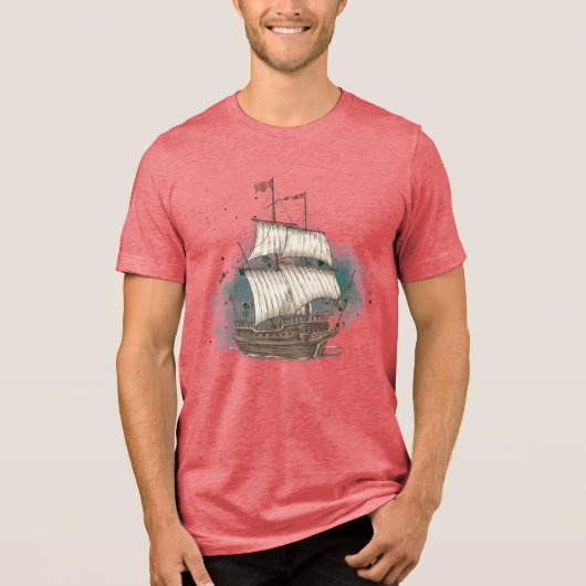 Handgetekend Schip Tri-Blend Shirt (Voorkant)