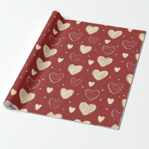 Handgetekende beige rode hart patroon illustratie cadeaupapier