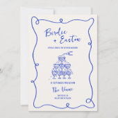 Handgetekende Blauwe Champagne Toren Bruiloft Kaart (Voorkant)