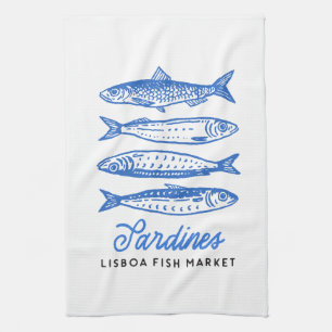 Handgetekende blauwe sardines theedoek