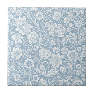 Handgetekende bloemen, Blauw Grijs Wit Botanische Tegeltje
