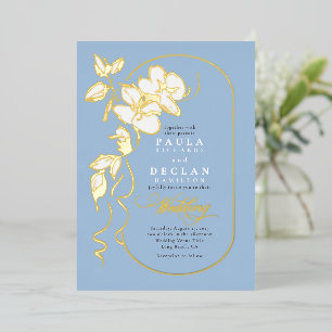 Handgetekende bloemen Elegante Dusty Blue Wedding Folie Uitnodiging