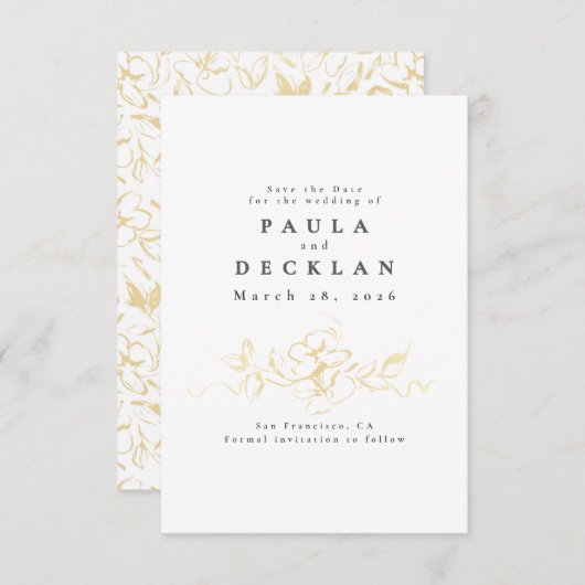 Handgetekende Bloemen Goud en Wit Save the Date (Voorkant / Achterkant)