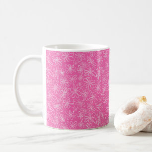 Handgetekende bloemen op heet roze koffiemok