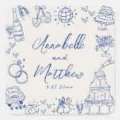 Handgetekende Blue Wedding Vierkante Sticker (Voorkant)