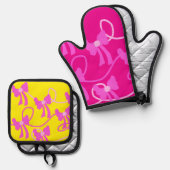 Handgetekende Bogen Roze Gele Lovers Ovenwant & Pannenlap Set (Voorkant / Achterkant)