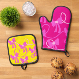 Handgetekende Bogen Roze Gele Lovers Ovenwant & Pannenlap Set
