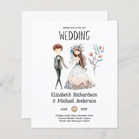 Handgetekende Boho bruid bruidegom Schattigee brui (Voorkant / Achterkant)
