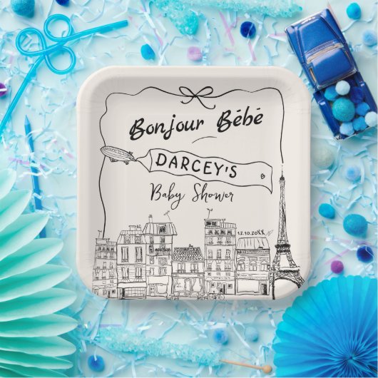Handgetekende Bonjour Bebe Frans Baby shower Papieren Bordje (Feest)