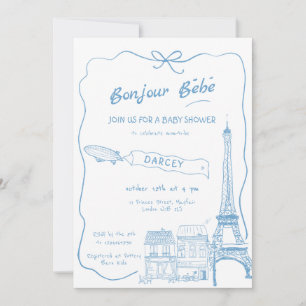 Handgetekende Bonjour Bebe Frans Blauw Baby shower Kaart