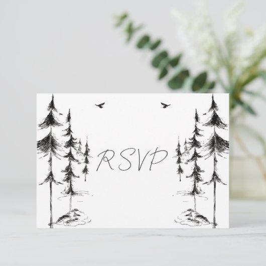 Handgetekende bos- en bergbestemming bruiloft RSVP kaartje (Staand voorkant)