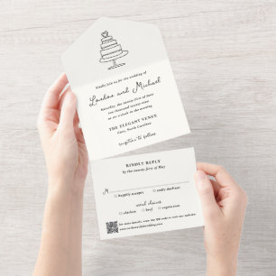Handgetekende Cake Doodle QR Code Moderne Bruiloft All In One Uitnodiging