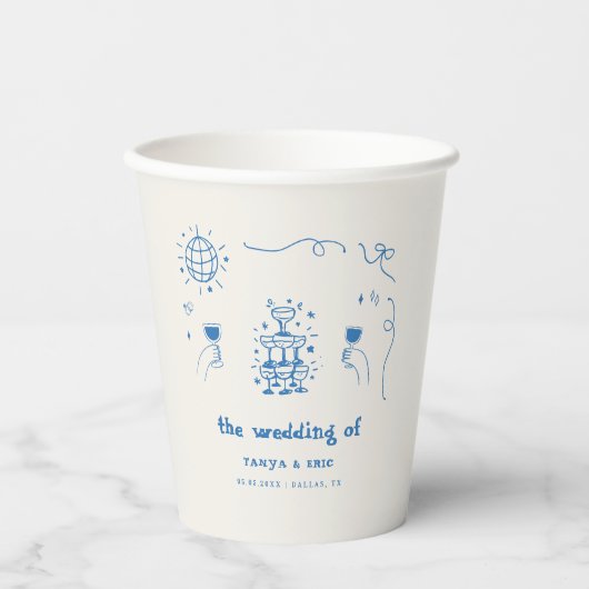 Handgetekende Champagne Franse Disco bruiloft Papieren Bekers (Voorkant)