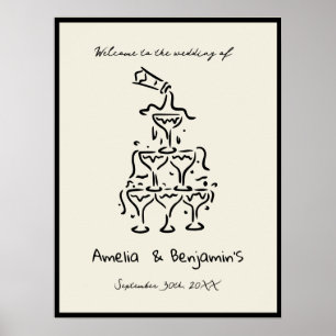 Handgetekende Champagne Toren Retro Bruiloft Wens Poster