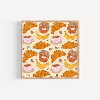 Handgetekende croissants en keuken kunst van koffi poster
