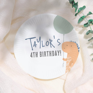 Handgetekende Dinosaurus & Balloon Jongen Verjaard Papieren Bordje