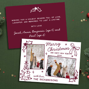 Handgetekende Doodle 2 Foto Burgundy Prettig Kerst Feestdagenkaart