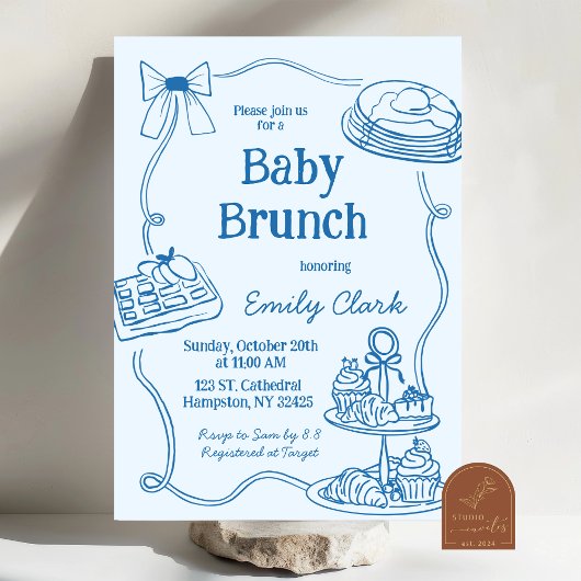 Handgetekende Doodles Blue Baby Brunch Uitnodiging