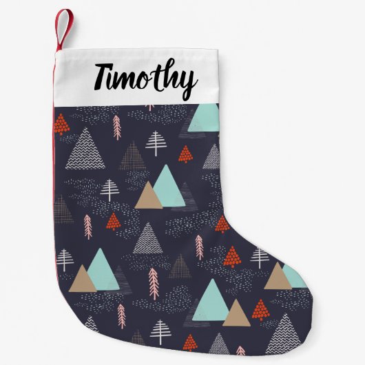 Handgetekende Evergreen Pine Trees op sneeuw bij n Kleine Kerstsok (Voorkant)