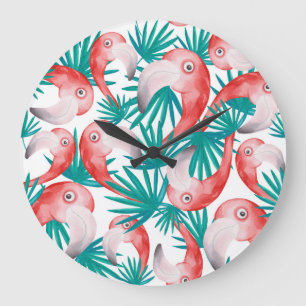 Handgetekende flamingo: waterverf naadloos patroon grote klok