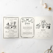 Handgetekende funky tekening handschrift bruiloft drieluik aankondiging