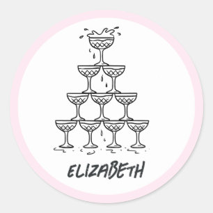 Handgetekende gekrabbelde Doodle Champagnetoren Ronde Sticker