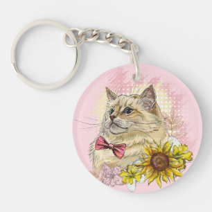 Handgetekende grappige rode Ragdoll kat met bloeme Sleutelhanger