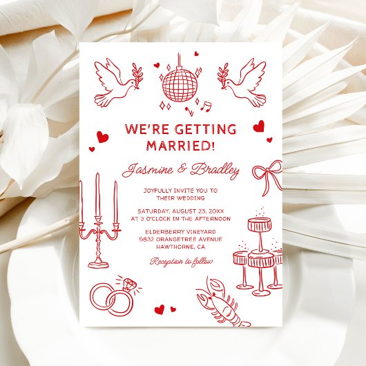 Handgetekende grillige Doodle Wedding Kaart