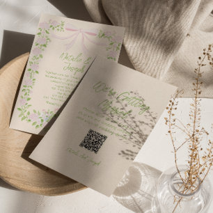 Handgetekende groene roze strik bloemencode QR-cod Kaart
