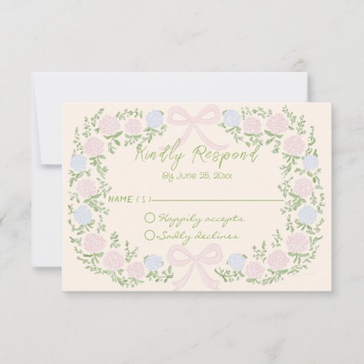 Handgetekende groene roze strik bloemenkrans bruil RSVP kaartje (Voorkant)