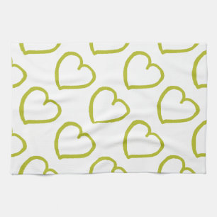 Handgetekende harten ontwerpen groen op wit theedoek