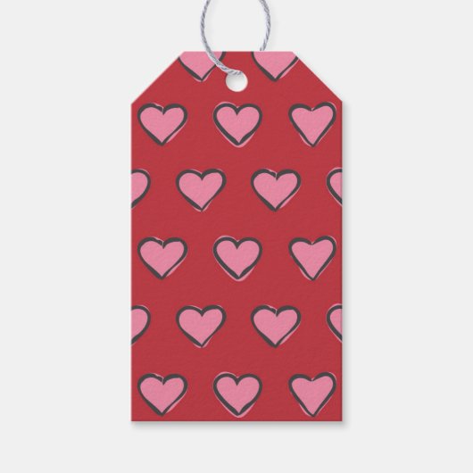 Handgetekende harten roze en rood cadeaulabel (Voorkant)