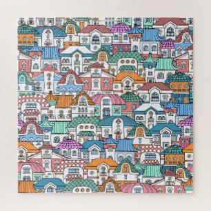 Handgetekende huizen: kleurrijk patroon legpuzzel