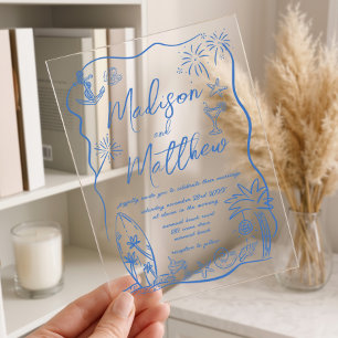 Handgetekende Illustraties Doodles Strand Bruiloft Acryl Uitnodigingen