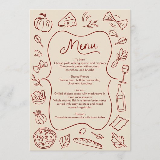 Handgetekende Italiaanse stijl menu rood-creme lan (Voorkant)