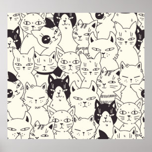 Handgetekende katten doodle naadloos patroon. poster