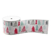 Handgetekende kerstbomen Evergreen Pine Red Green Grosgrain Lint (Spoel)