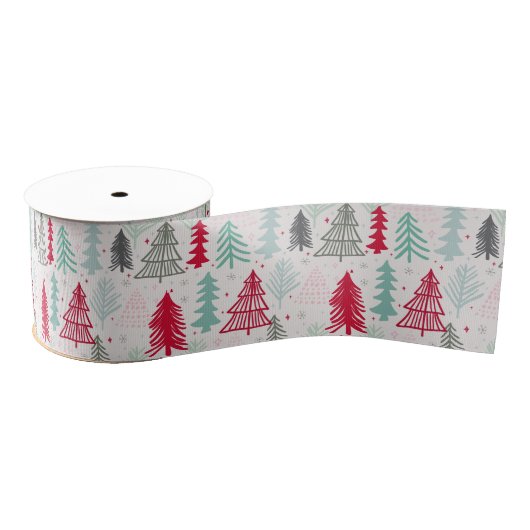 Handgetekende kerstbomen Evergreen Pine Red Green Grosgrain Lint (Spoel)