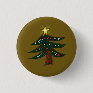 Handgetekende Kerstboom met Ster  Ronde Button 3,2 Cm