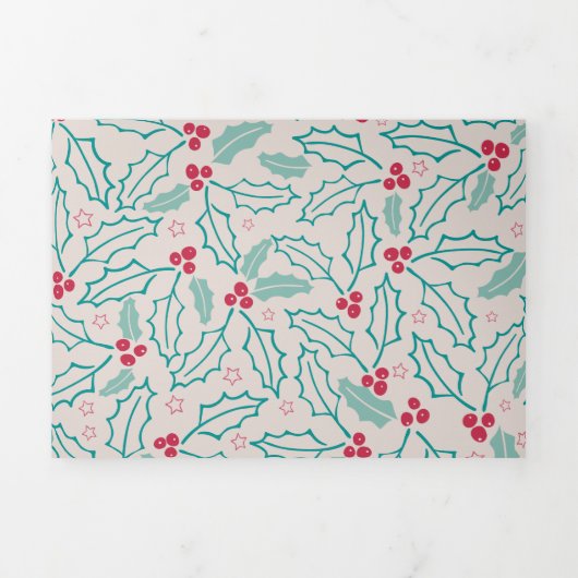 Handgetekende Kerstmis Holly Berries Red Green Whi Drieluik Wenskaart (Cover)