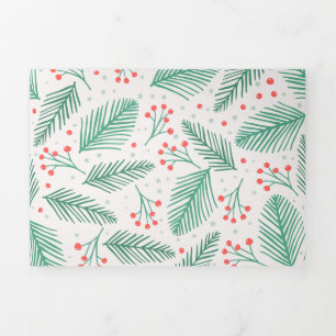 Handgetekende kerstpine Branches Green Red White Drieluik Wenskaart