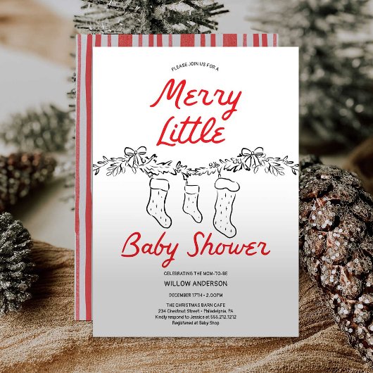 Handgetekende kousen Merry Little Baby shower Kaart