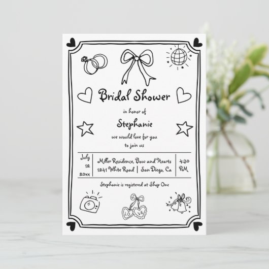 Handgetekende krabbel grillig vrijgezellenfeest kaart (Staand voorkant)