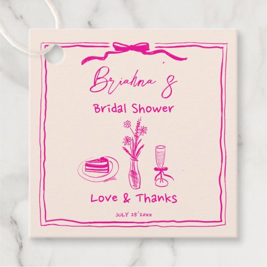 Handgetekende krabbel retro roze lint bruidsdouche bedankjes labels (Voorkant)