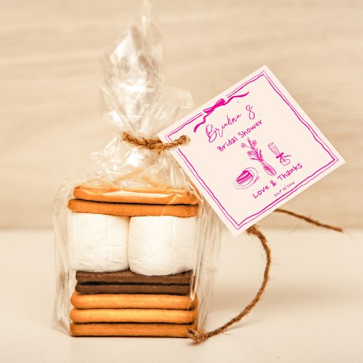 Handgetekende krabbel retro roze lint bruidsdouche bedankjes labels