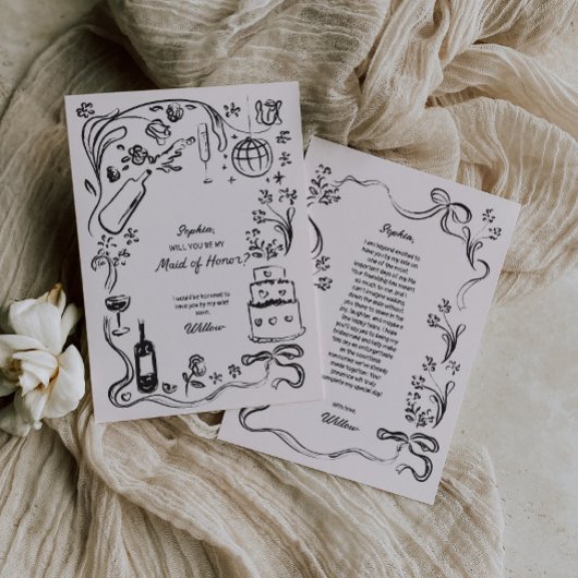 Handgetekende Maid of Honor Proposal Kaart